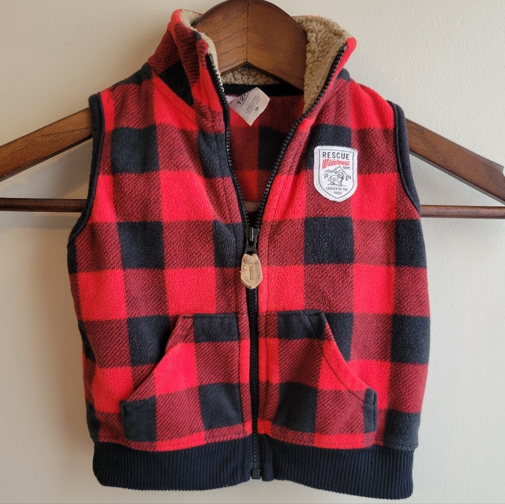 Baby Boys Cabincore Red Black Buffalo Plaid Fleece Vest Sherpa, 12M